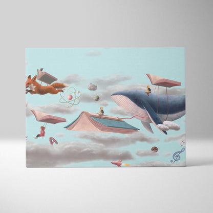Contemporary flying books canvas wall art with a blue whale and fox floating among clouds and books in soft pastel tones
