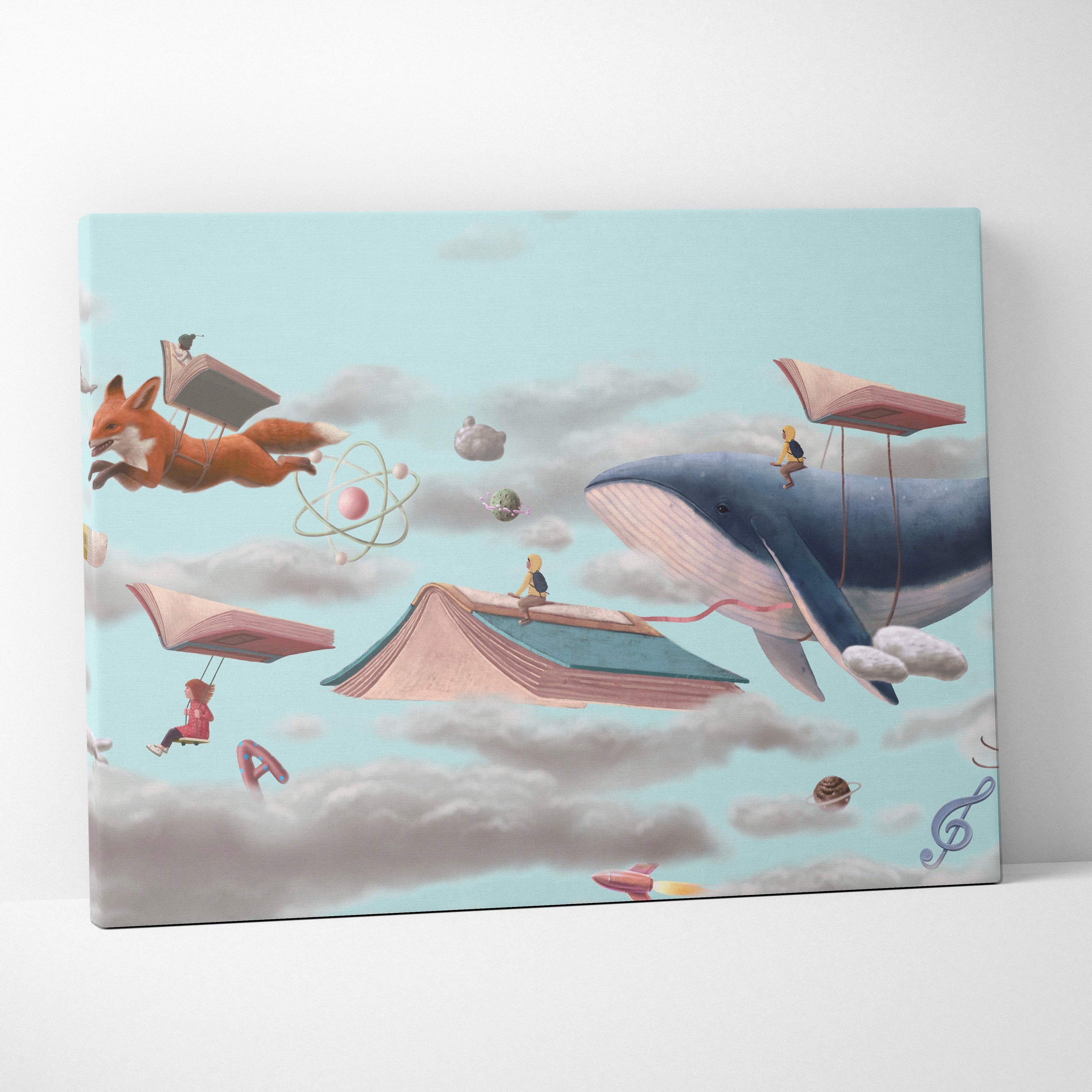Contemporary canvas wall art featuring a blue whale and orange fox flying on open books in soft pastel tones for kids room decor