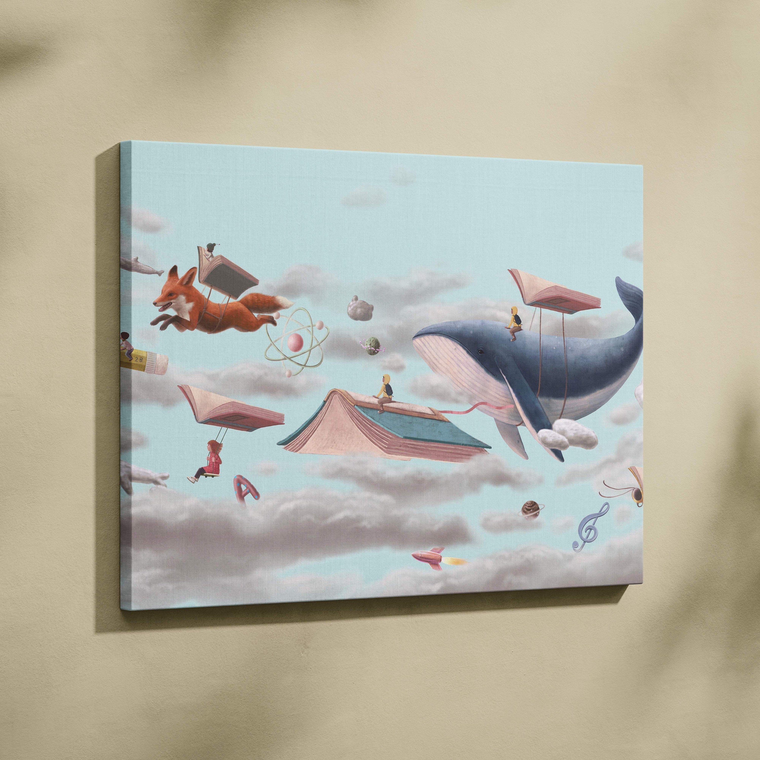 Contemporary canvas wall art featuring a blue whale and orange fox floating among books and clouds for kids decor