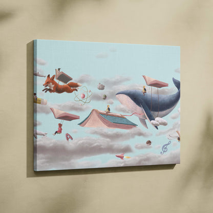 Contemporary canvas wall art featuring a blue whale and orange fox floating among books and clouds for kids decor
