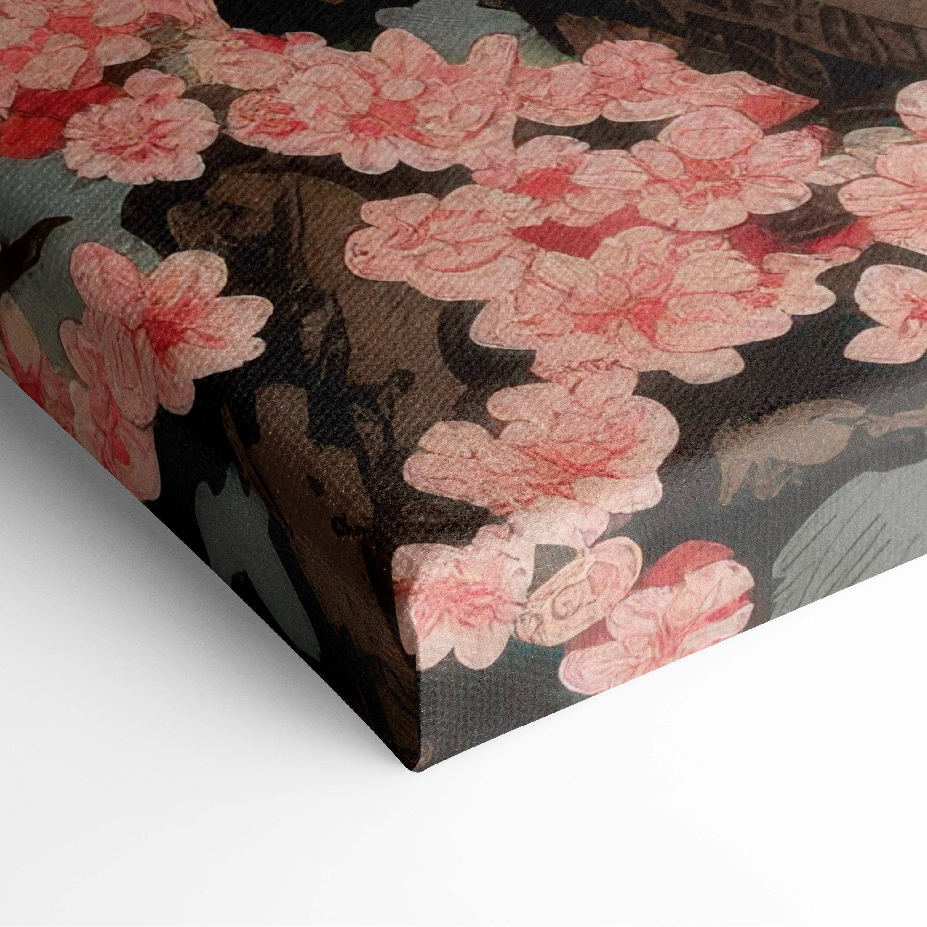 Pink cherry blossom mountain canvas wall art with delicate pink flowers on dark textured background in japanese woodblock style