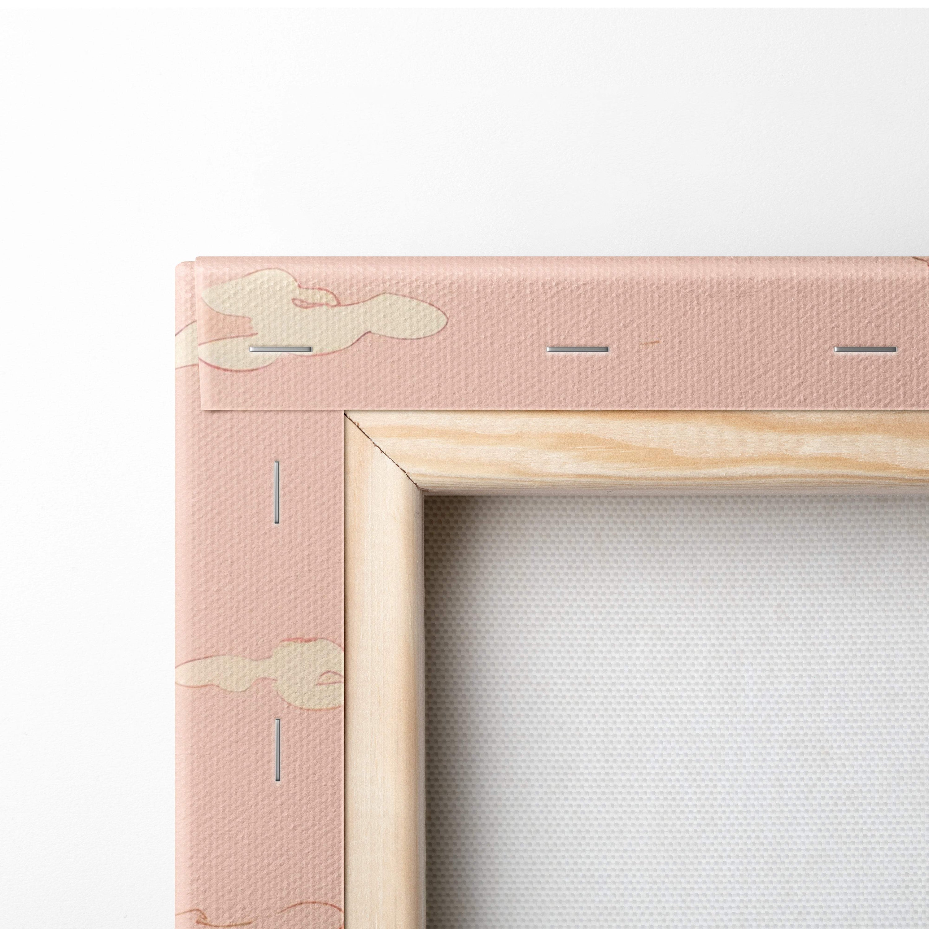 Pink cherry blossom mountain canvas wall art with light wood frame and subtle cloud patterns in japanese woodblock style