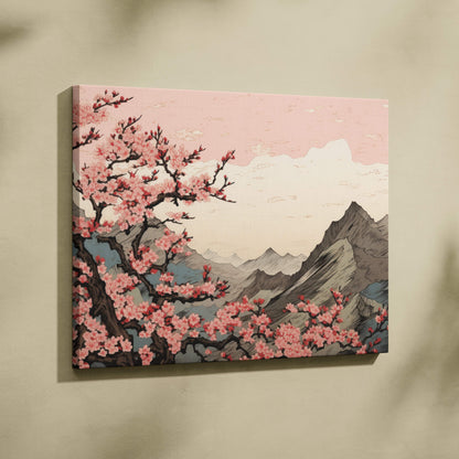 Rectangular canvas print of pink cherry blossoms and grey mountain ranges in japanese woodblock style wall art