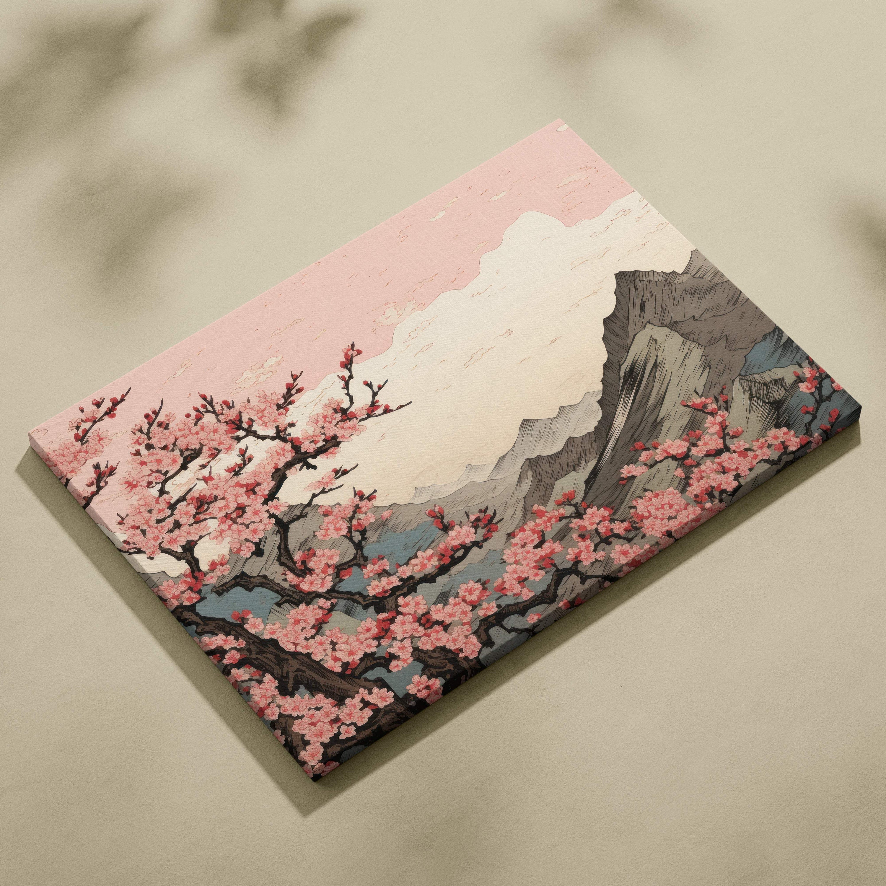 Rectangular canvas wall art featuring pink cherry blossoms framing dark branches with pastel mountains in japanese woodblock style