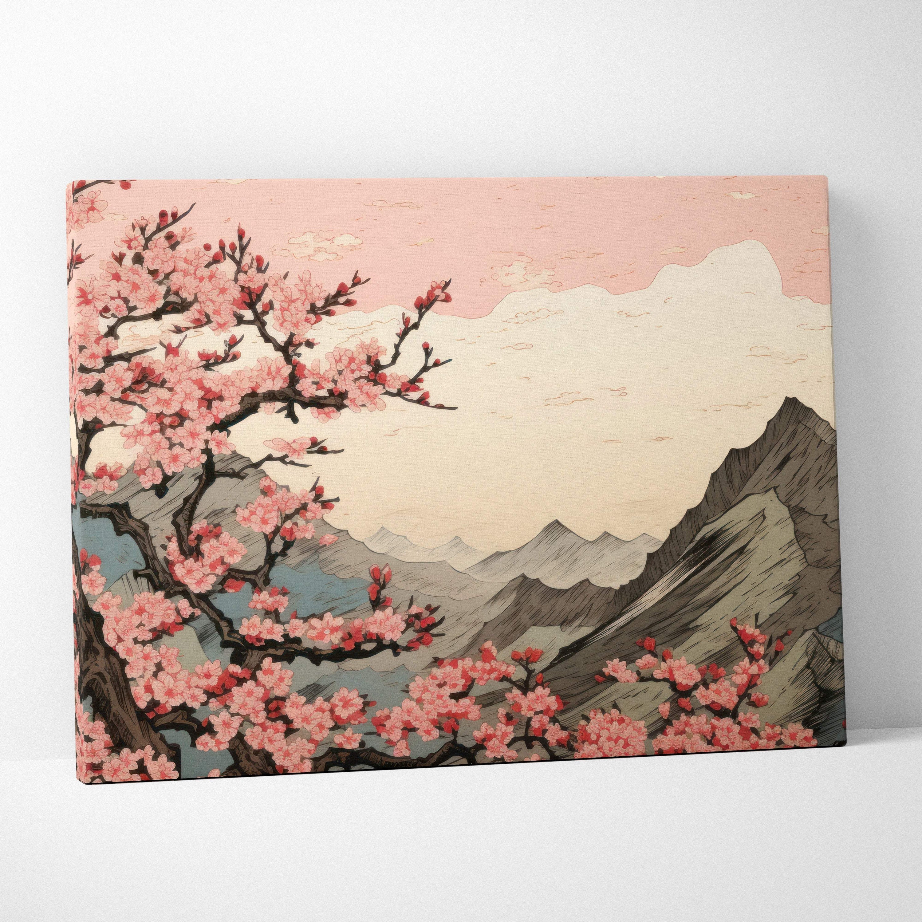 Pink cherry blossom mountain canvas wall art with grey peaks and soft pink sky in japanese woodblock painting style