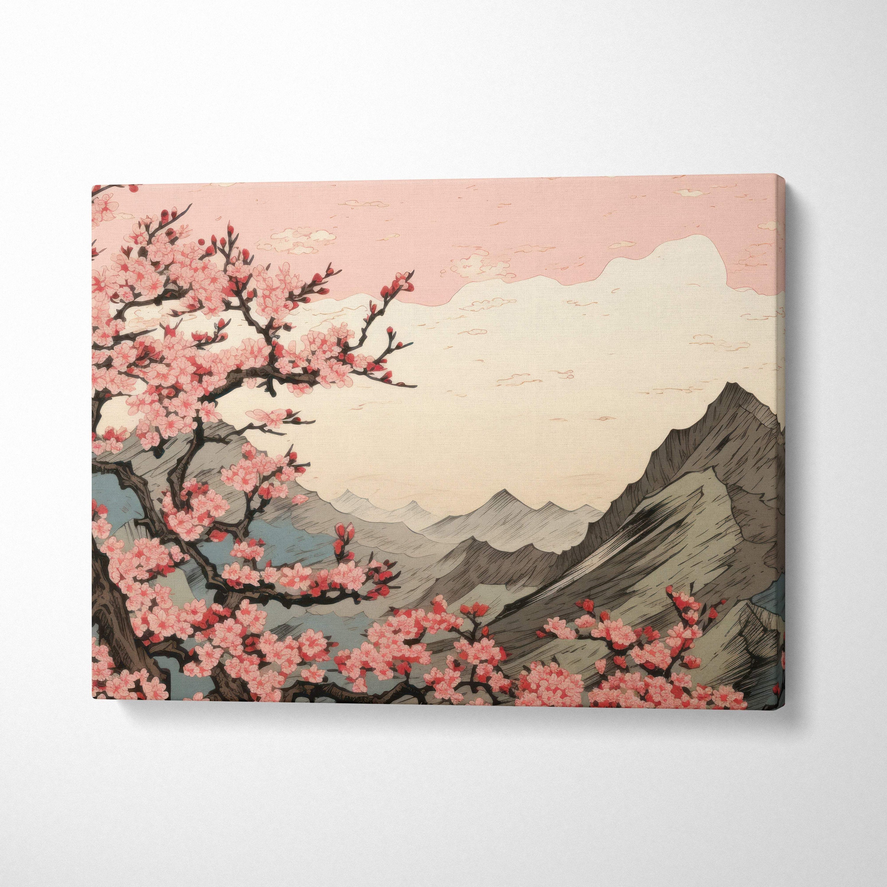 Pink cherry blossom mountain canvas wall art featuring stylized grey peaks and soft spring nature in japanese woodblock style