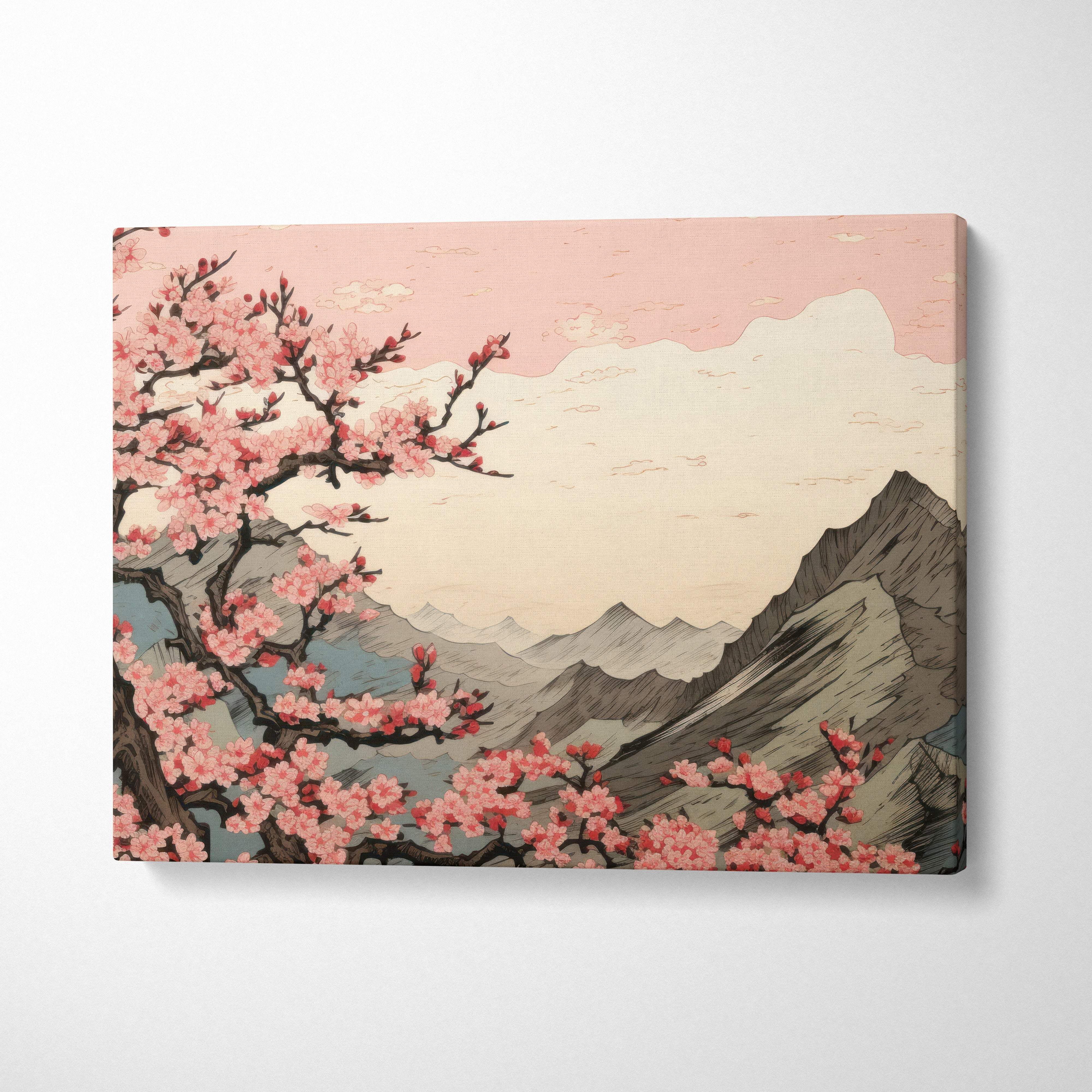Pink cherry blossom mountain canvas wall art featuring stylized grey peaks and soft spring nature in japanese woodblock style