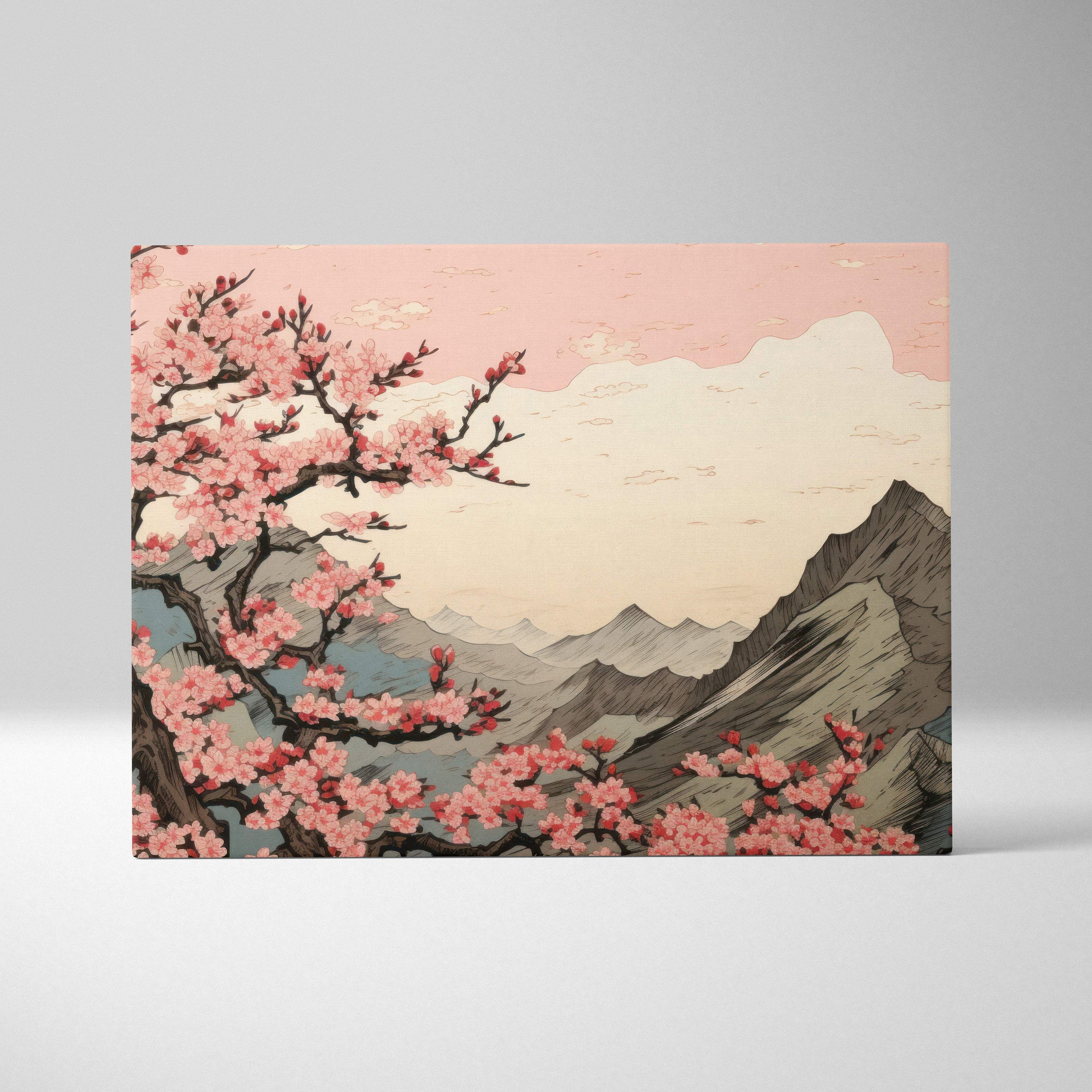 Rectangular canvas wall art featuring pink cherry blossoms and layered grey mountains in a japanese woodblock style