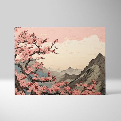 Rectangular canvas wall art featuring pink cherry blossoms and layered grey mountains in a japanese woodblock style