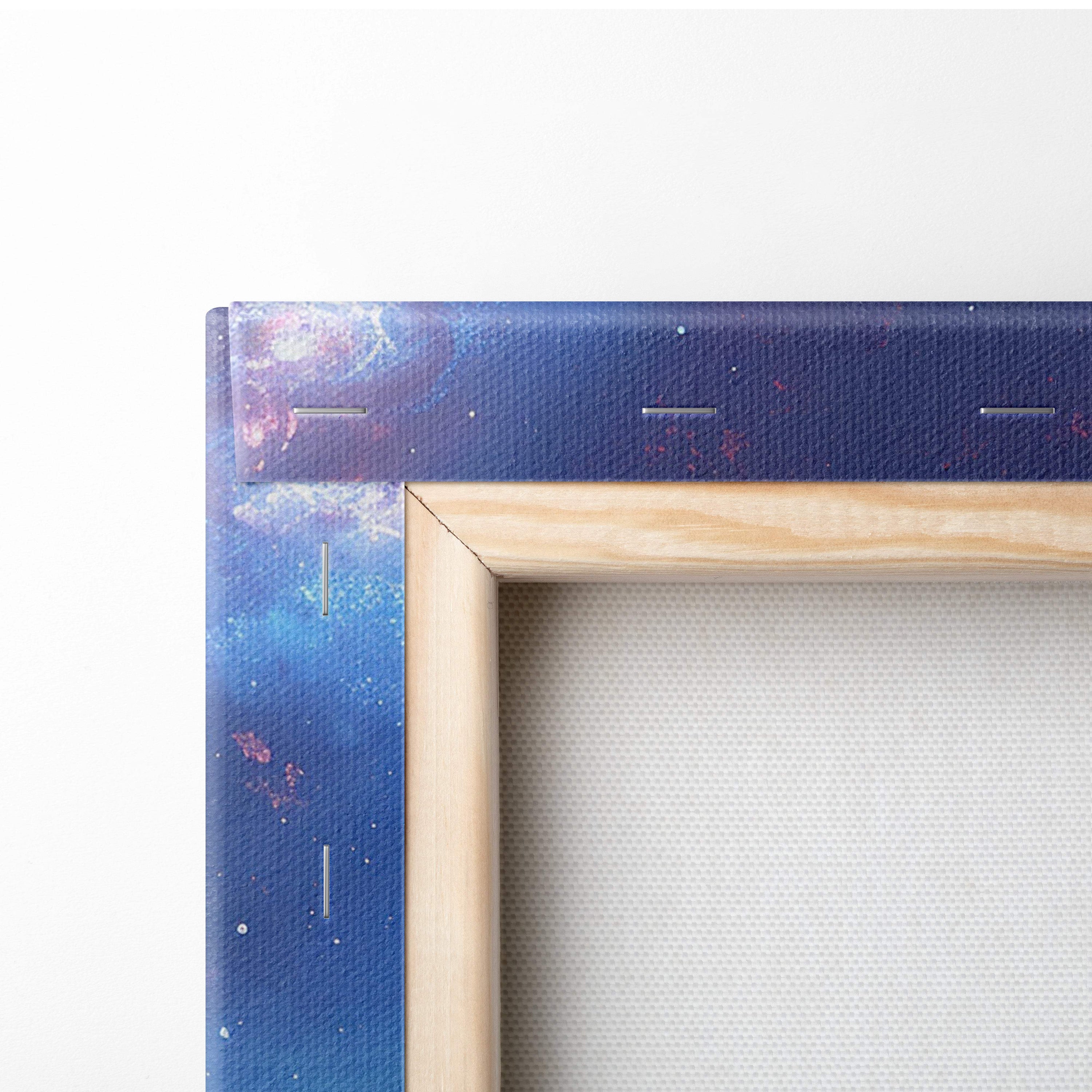 A wooden-framed canvas print featuring a pink purple cosmic nebula galaxy design for dreamy bedroom or gaming decor