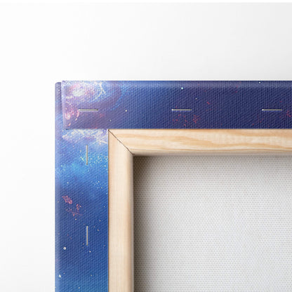 A wooden-framed canvas print featuring a pink purple cosmic nebula galaxy design for dreamy bedroom or gaming decor