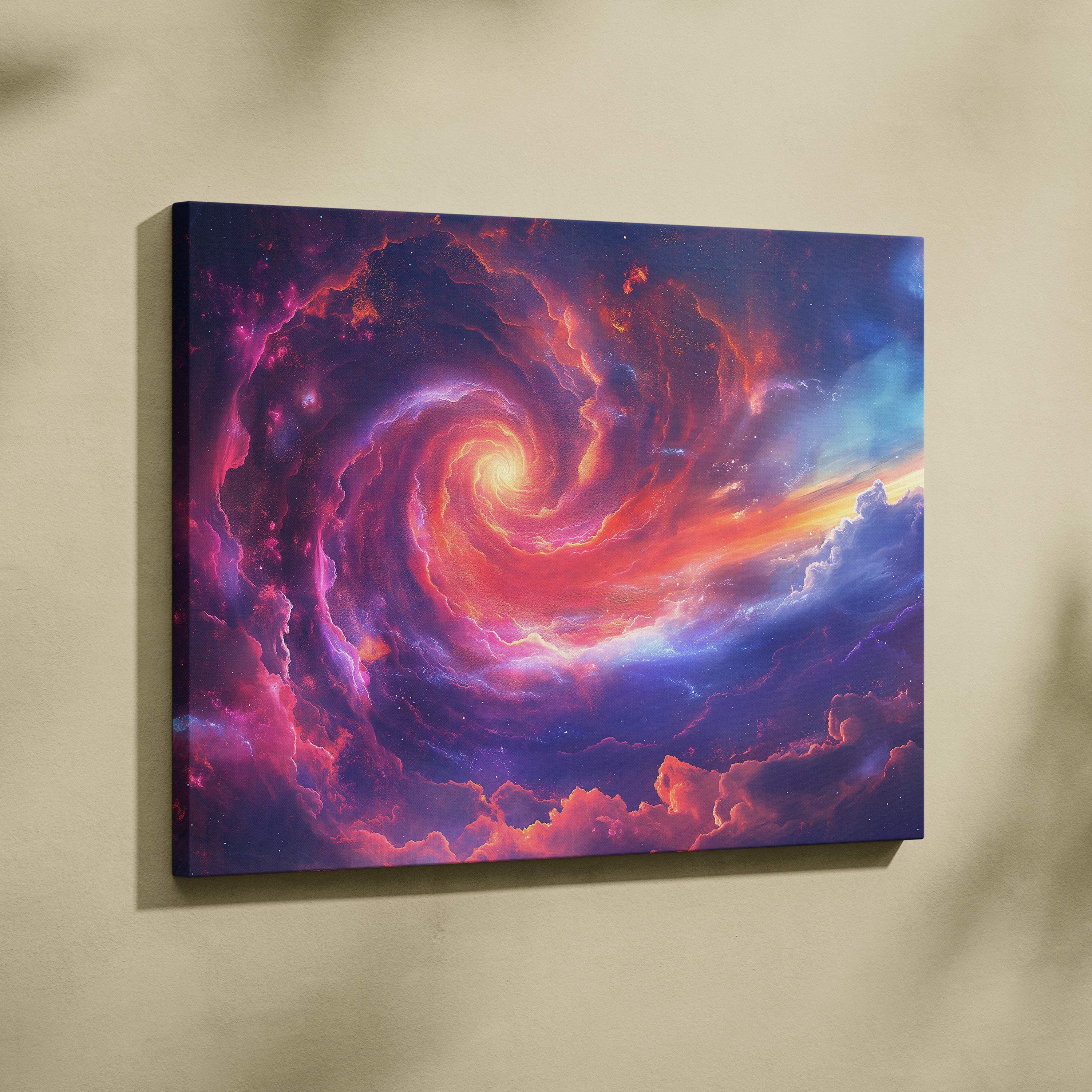 Cosmic nebula canvas wall art print featuring vibrant pink purple galaxy spiral nebulae for bedroom or gaming room decor