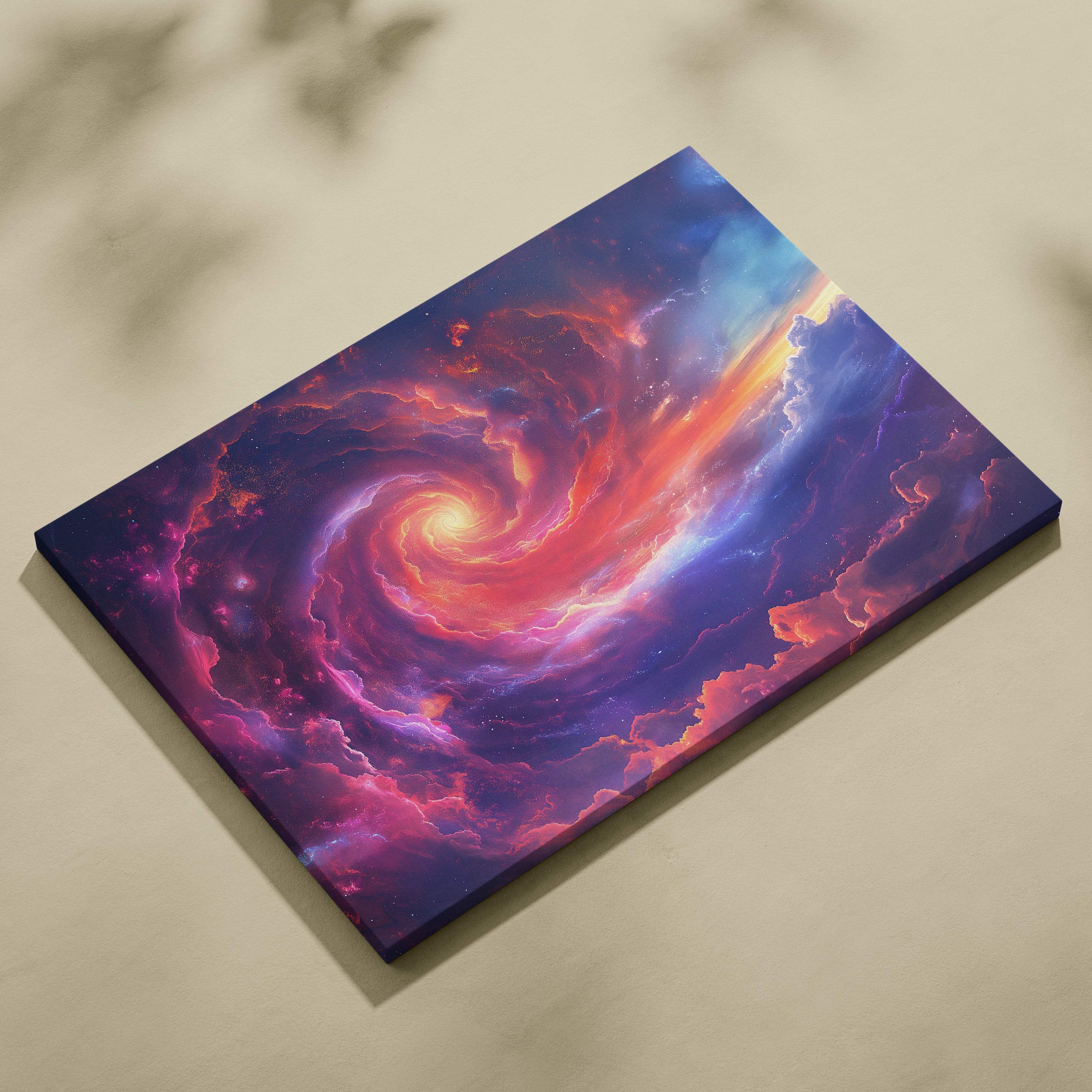 Vibrant cosmic nebula canvas wall art print with swirling pink purple orange galaxy spiral for bedroom or gaming room decor