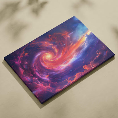 Vibrant cosmic nebula canvas wall art print with swirling pink purple orange galaxy spiral for bedroom or gaming room decor