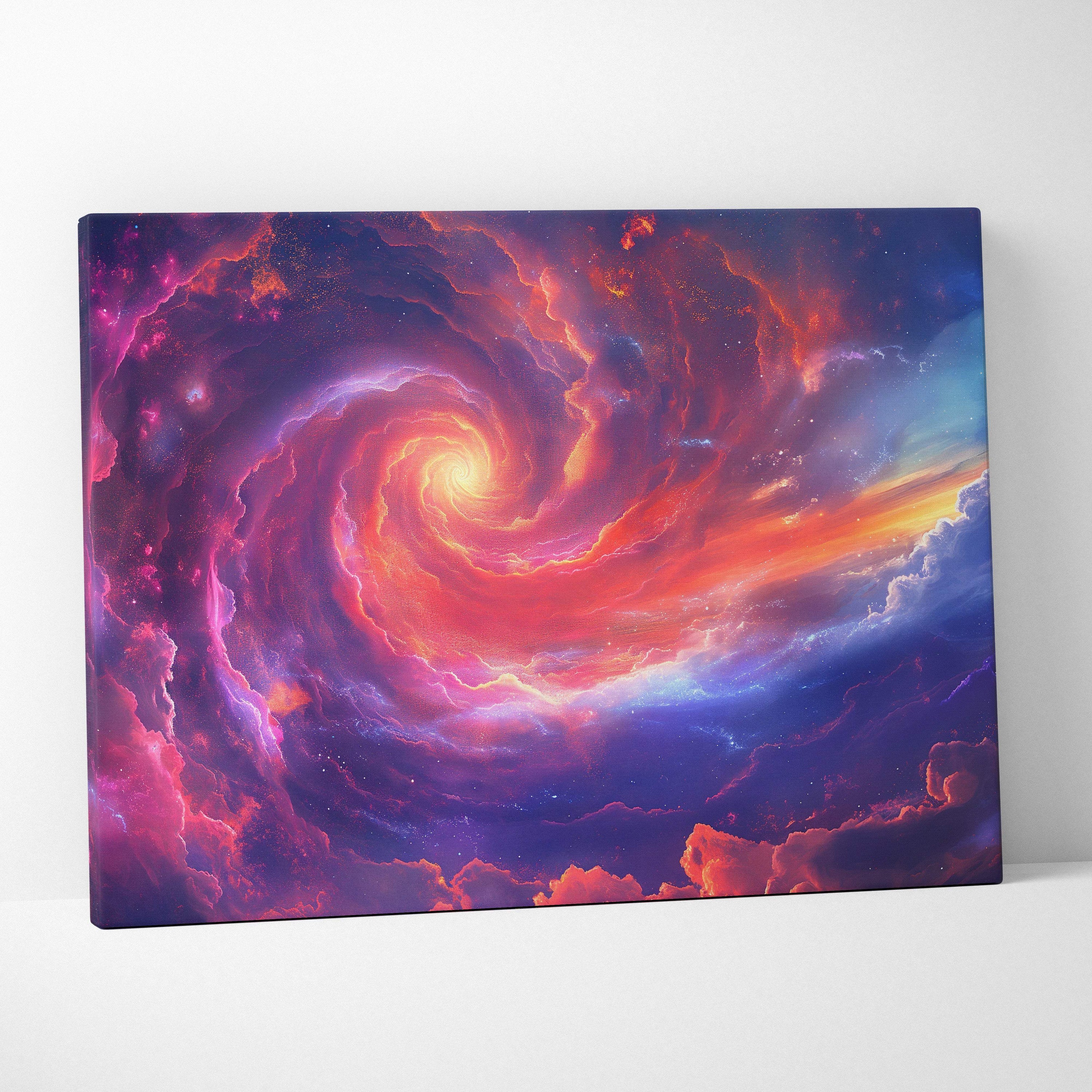 Vibrant cosmic nebula canvas wall art print featuring pink purple galaxy spiral digital art for bedroom or gaming room decor