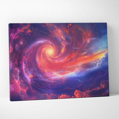 Vibrant cosmic nebula canvas wall art print featuring pink purple galaxy spiral digital art for bedroom or gaming room decor