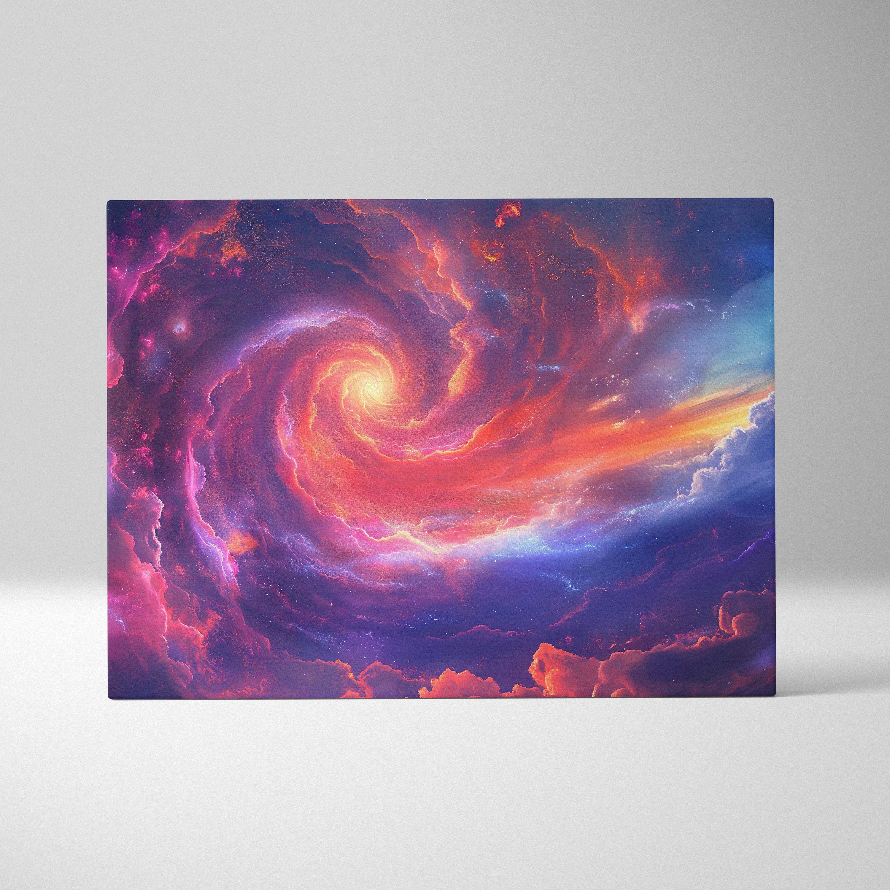 Vibrant cosmic nebula canvas wall art print with pink purple swirling spiral galaxy for dreamy bedroom or gaming room