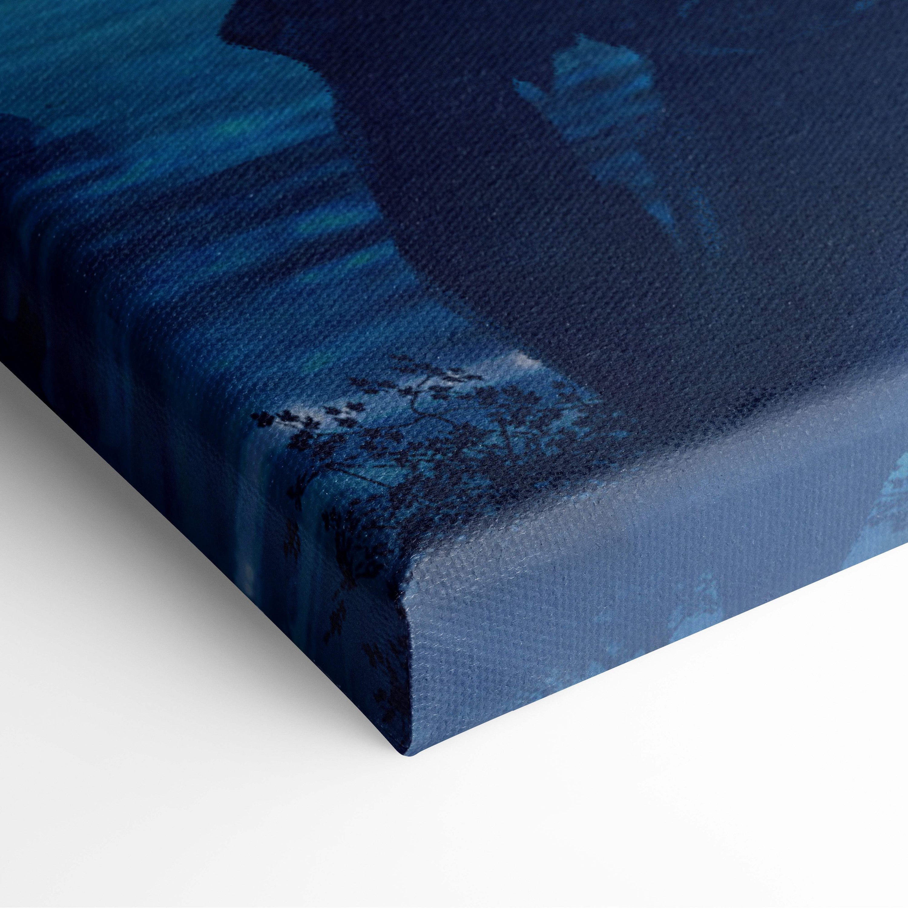 Deep blue canvas print of pirate ship island featuring moody abstract landscape with trees and dark tropical night ocean scene
