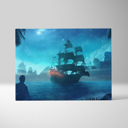 Pirate ship island canvas print with dark-hulled sailing ship and glowing lanterns against a teal night sky