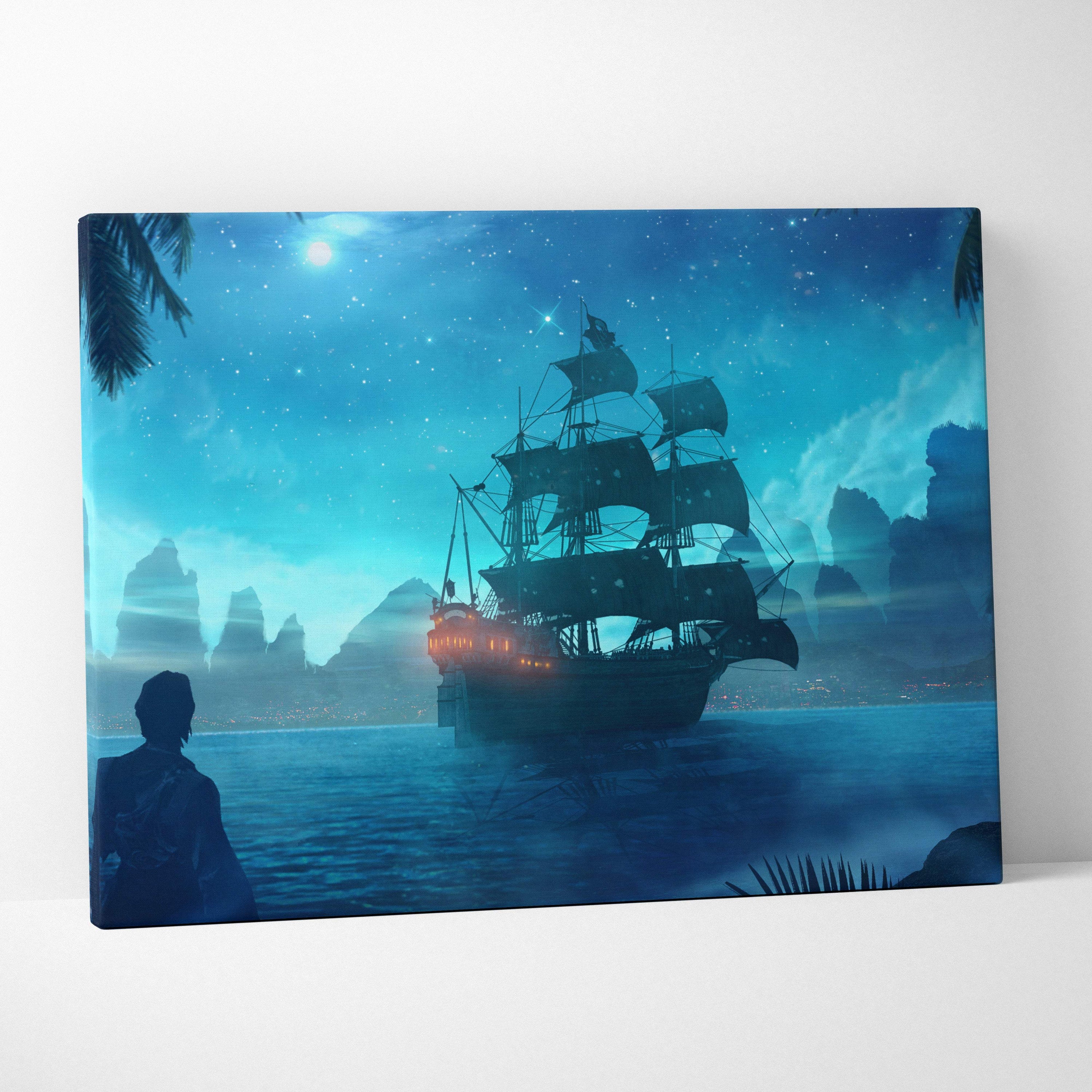 Blue canvas print of a pirate ship silhouette with glowing orange lights against a starry tropical night sky wall art
