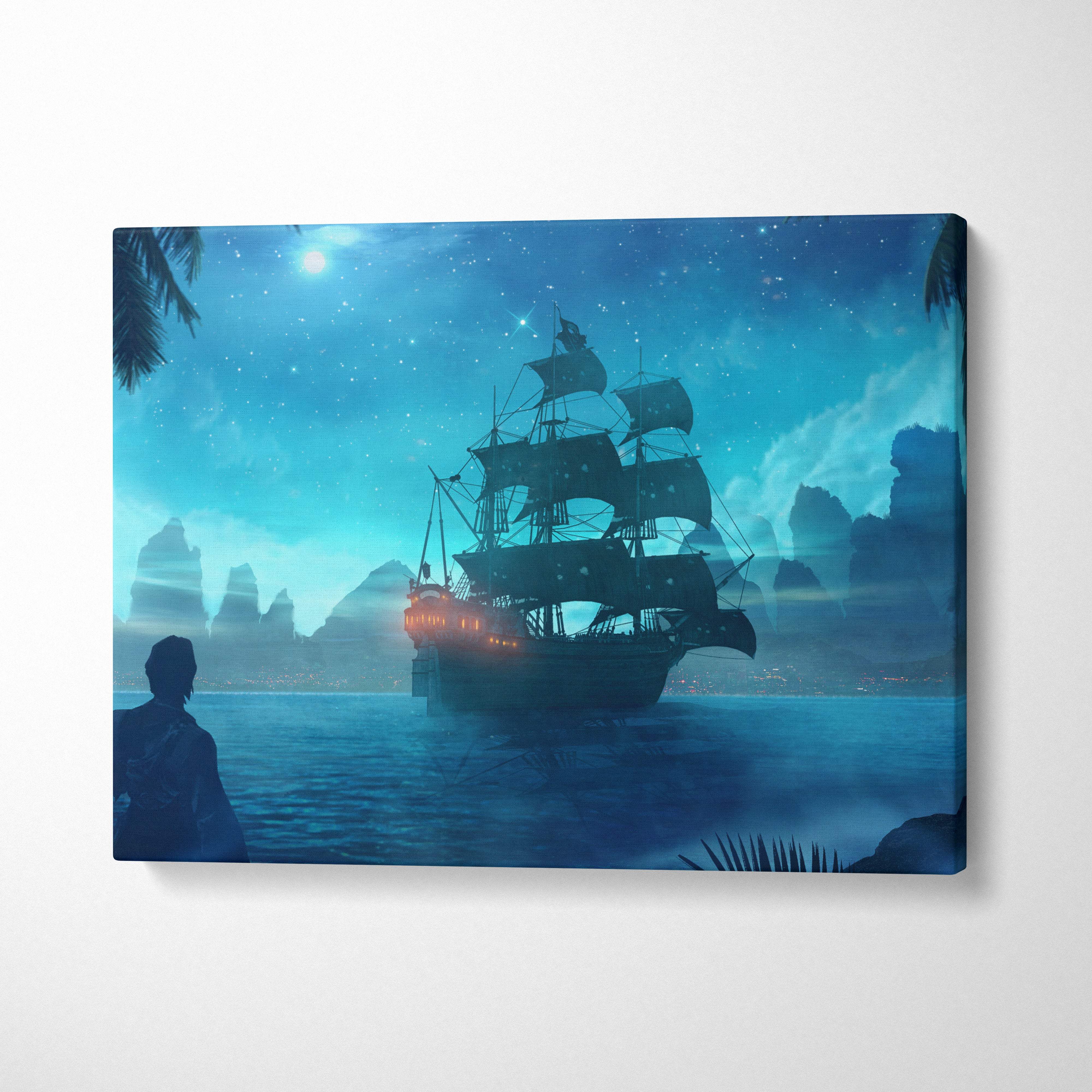Pirate ship island canvas print of a dark-hulled sailing ship with glowing orange lights under a starry teal night sky