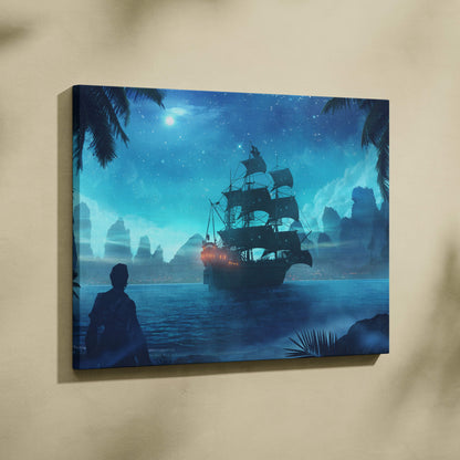Blue canvas print showing a silhouette of a pirate ship under a starry night sky with palm trees framing the scene