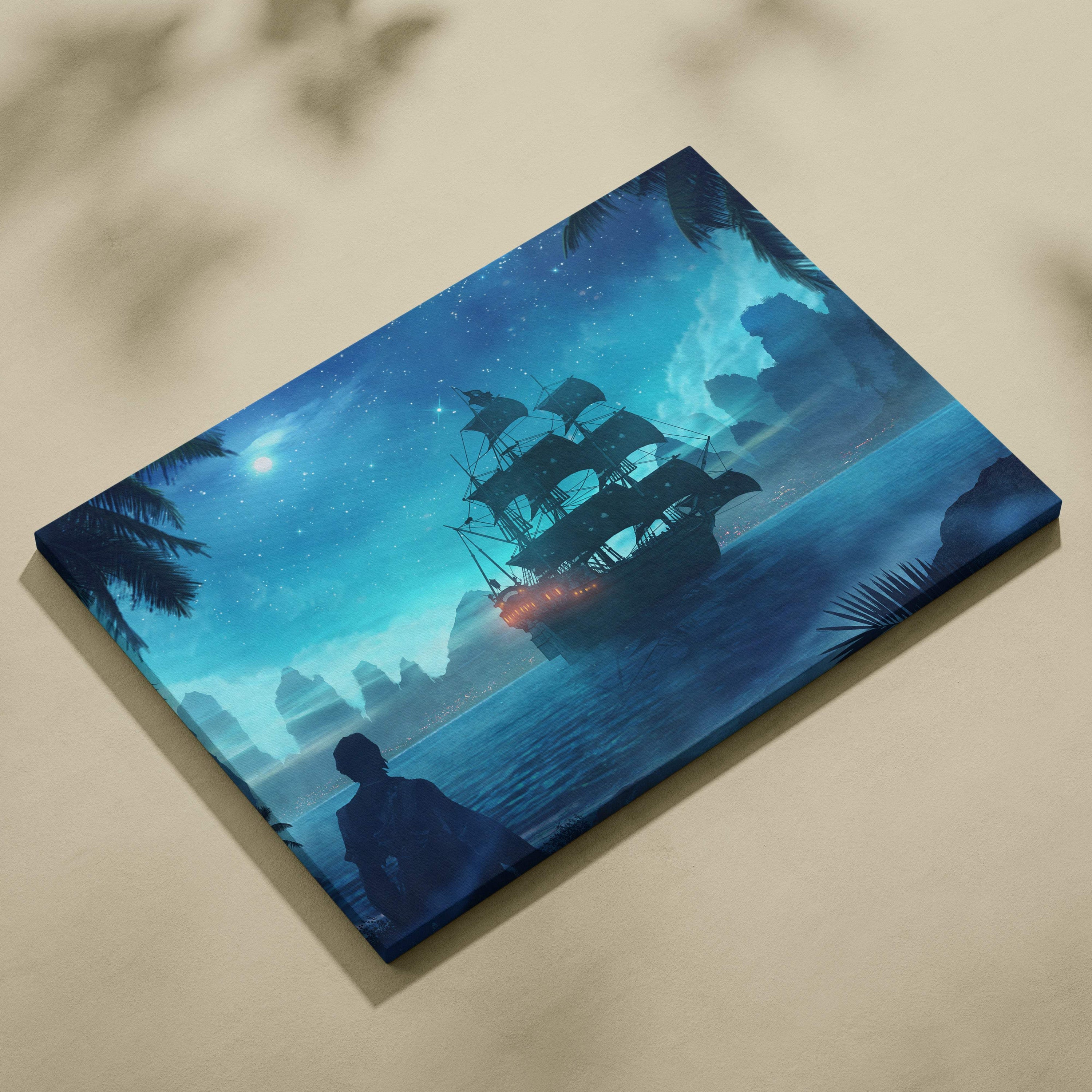 Blue canvas print of a pirate ship silhouette under a starry night sky framed by palm trees and distant islands