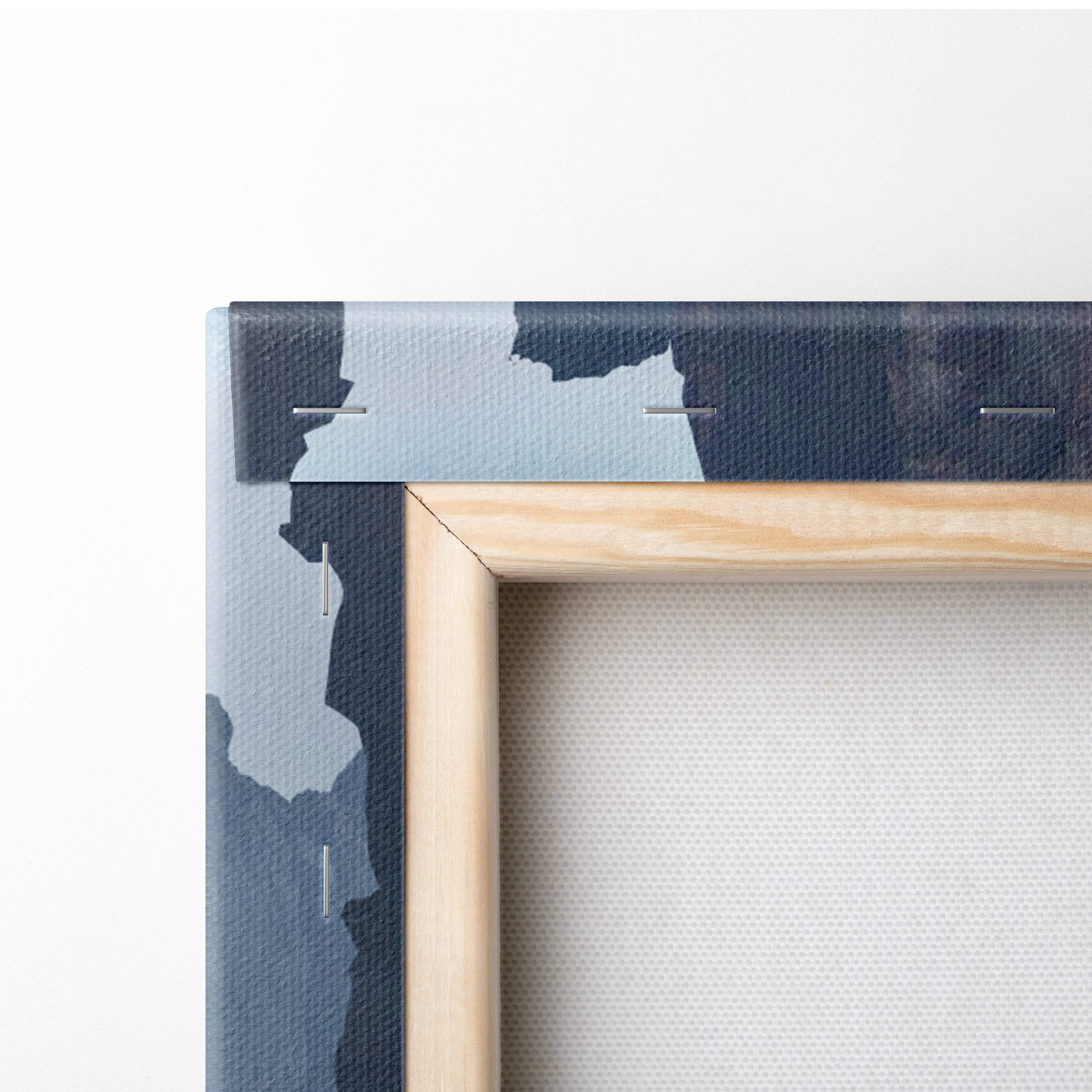 A minimalist light wood framed canvas print with subtle blue and gray abstract design samurai temple wall art