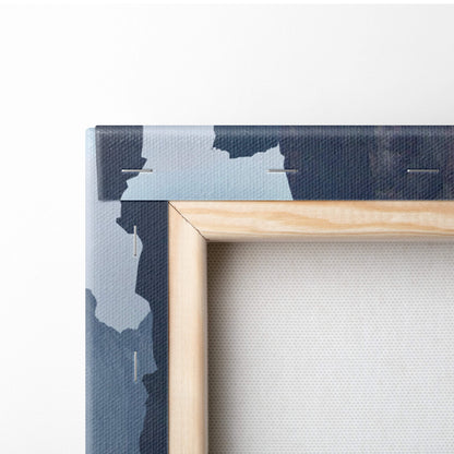 A minimalist light wood framed canvas print with subtle blue and gray abstract design samurai temple wall art