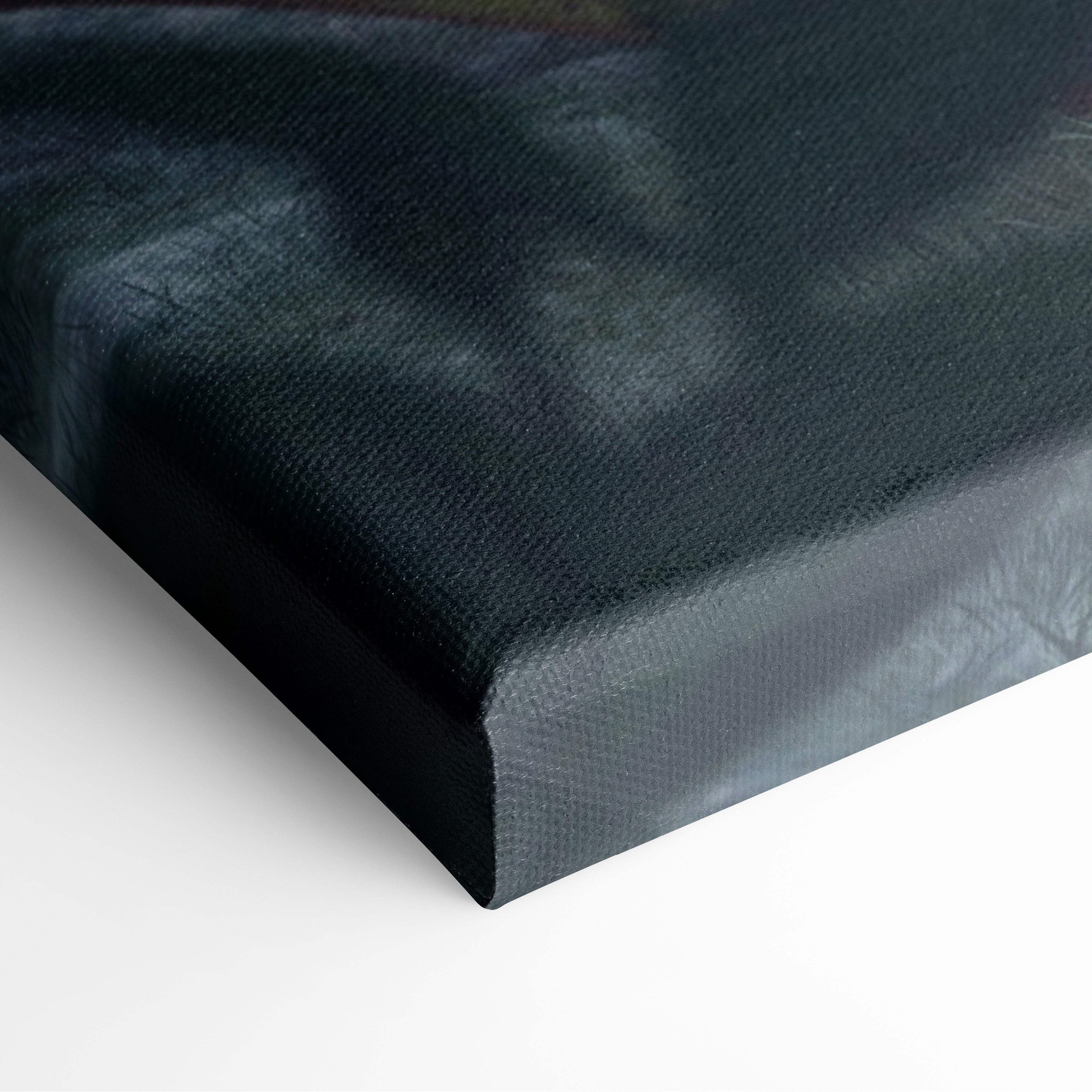 Black canvas print with textured surface and grayish undertones featuring samurai temple and red torii gate artwork