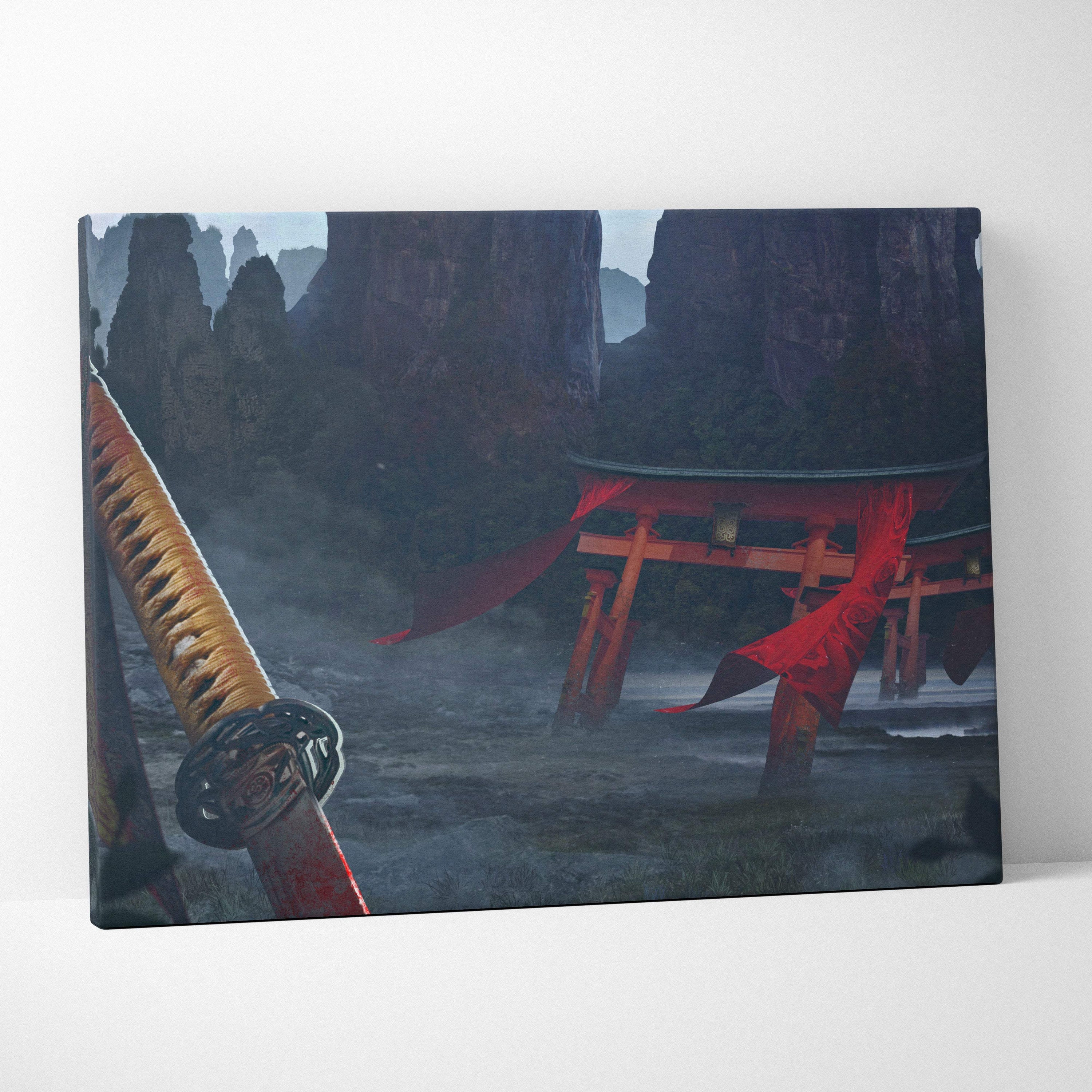 A rectangular canvas print of a vivid red torii gate with crimson ribbons on dark misty stone cliffs wall art