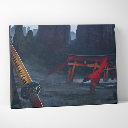 A rectangular canvas print of a vivid red torii gate with crimson ribbons on dark misty stone cliffs wall art