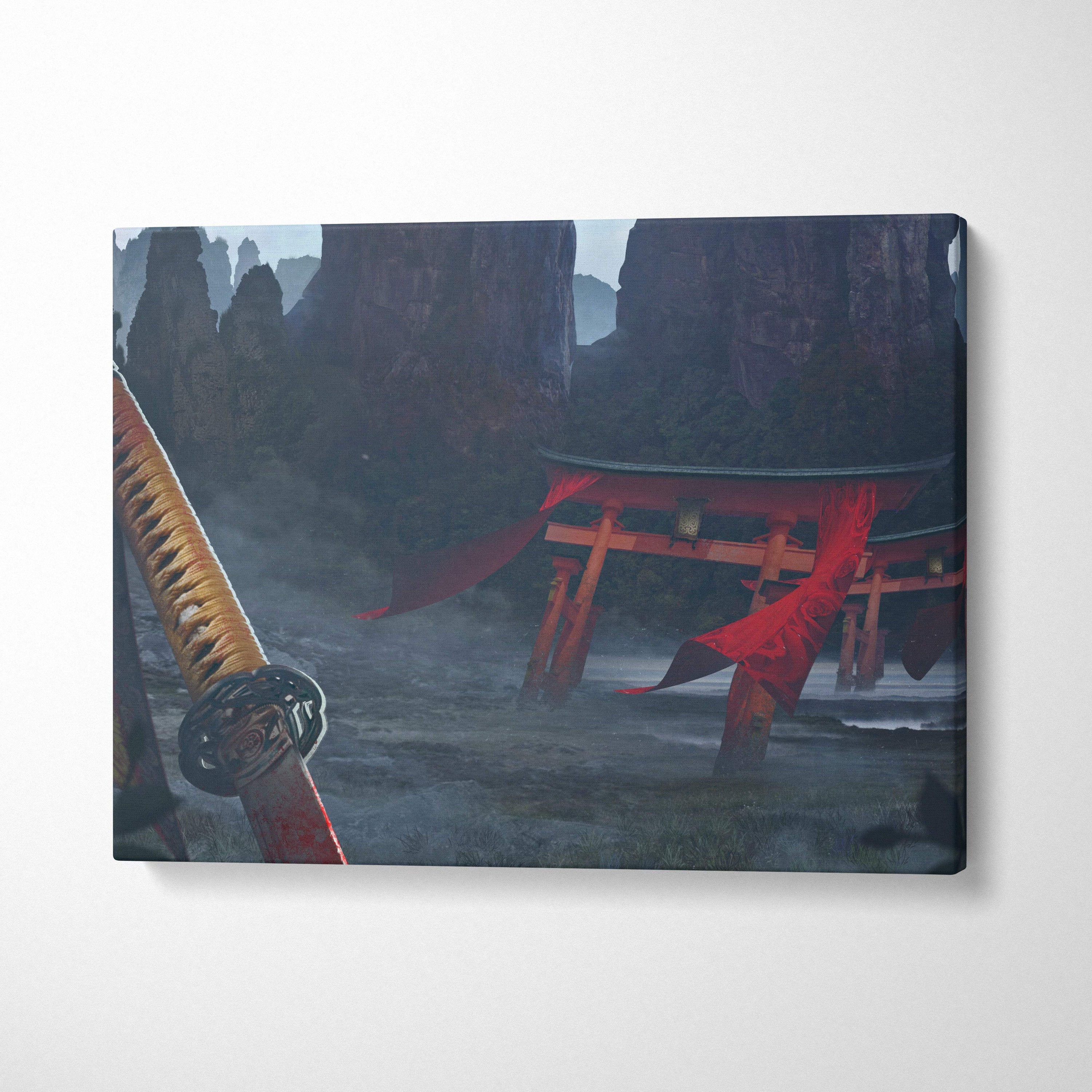 Samurai temple canvas print featuring a red torii gate with flowing fabric against misty mountains and rocks