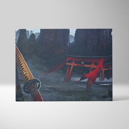 Samurai temple canvas print featuring a red torii gate with flowing ribbons against misty rocky mountains wall art
