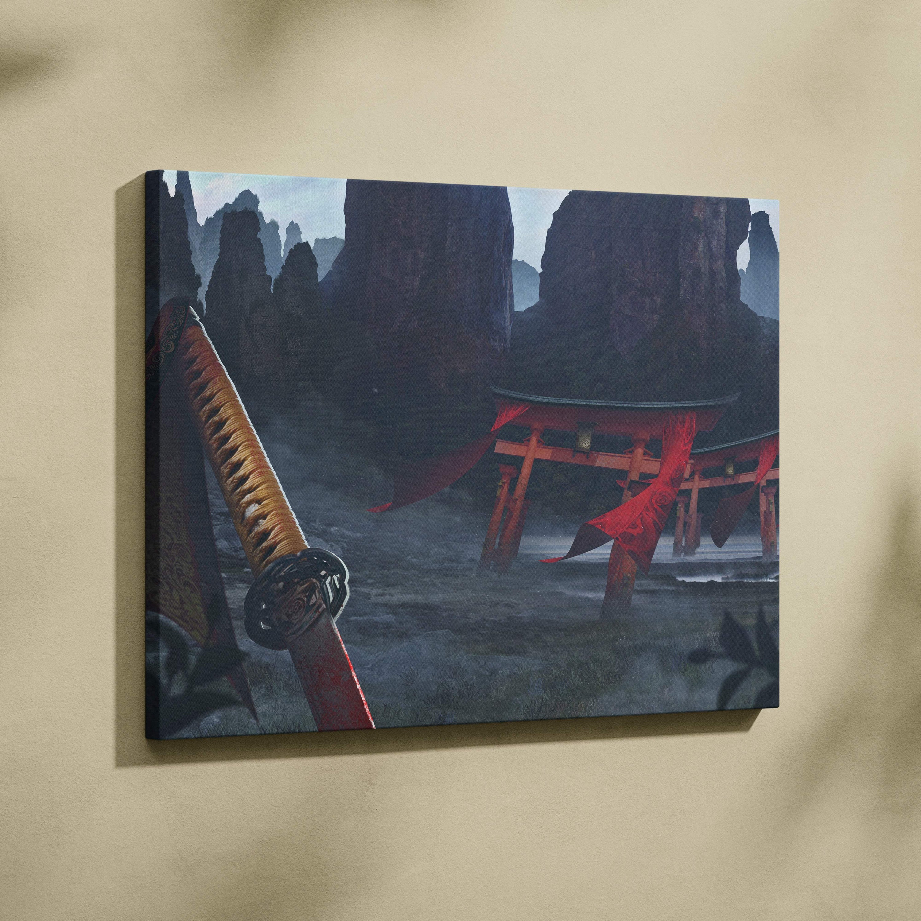 Samurai temple canvas print featuring a red torii gate and sword with orange handle against dark misty rocks