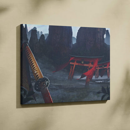 Samurai temple canvas print featuring a red torii gate and sword with orange handle against dark misty rocks