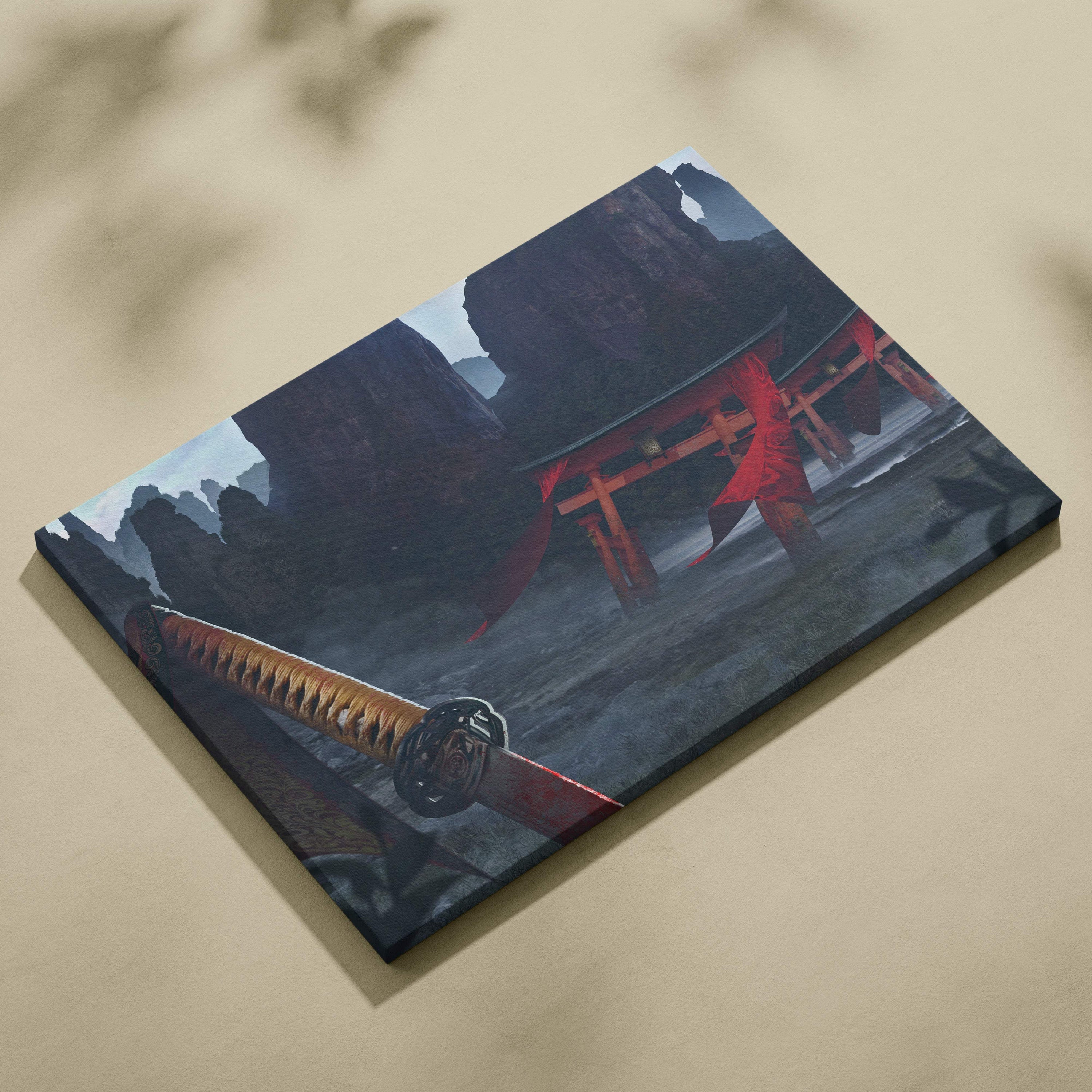 Samurai temple canvas print featuring a red torii gate and ornate golden sword against dark misty mountains wall art