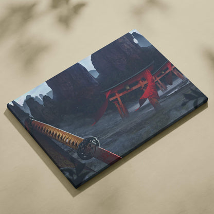 Samurai temple canvas print featuring a red torii gate and ornate golden sword against dark misty mountains wall art