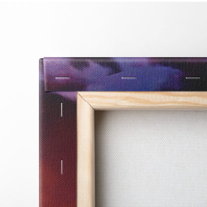 Light wood framed canvas print with gradient cosmic design from deep purple to maroon in western sunset style