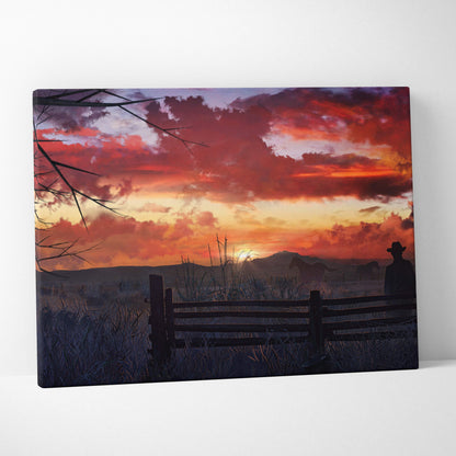 African Safari Sunset canvas print showing cowboy silhouette against vibrant red orange purple sunset sky clouds