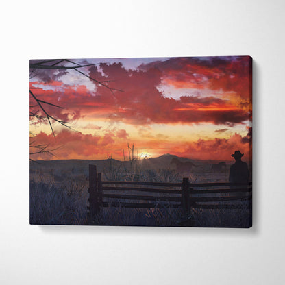 A rectangular canvas print of a vibrant red and orange african safari sunset with a silhouetted cowboy by a wooden fence