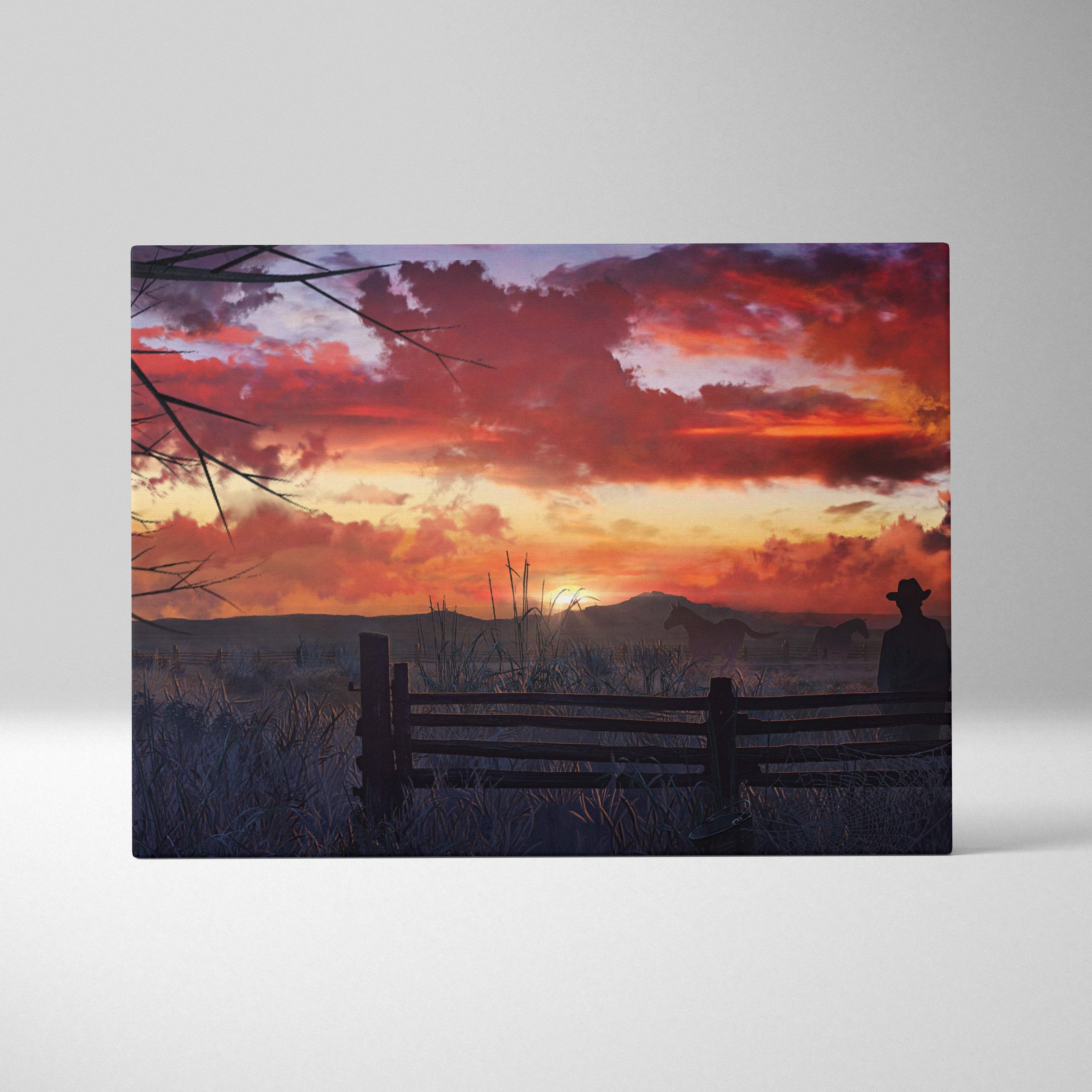 African safari sunset canvas print with cowboy silhouette against fiery red orange and purple clouds wildlife wall art