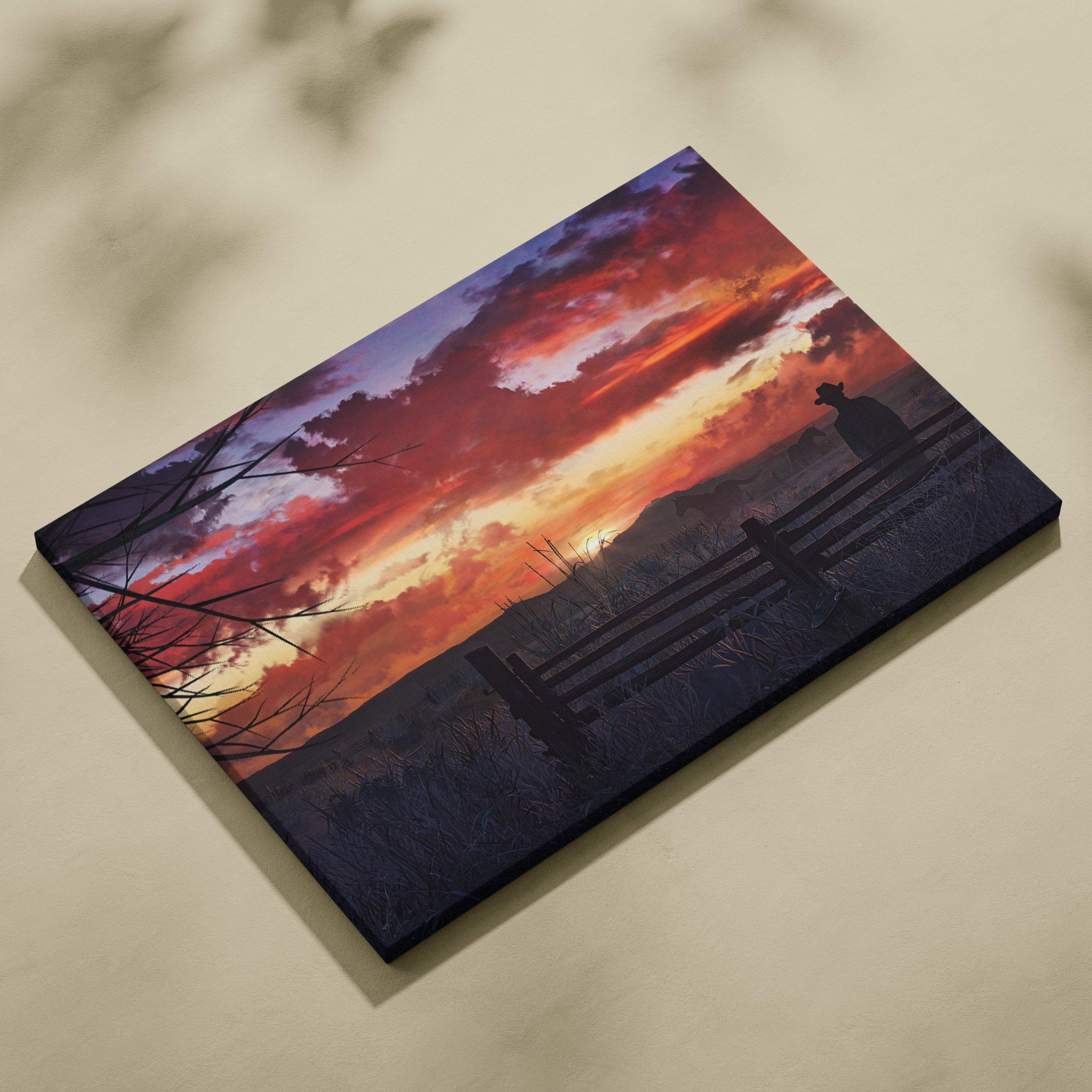 African safari sunset canvas print with vibrant red orange clouds and a silhouette by a wooden fence savanna artwork