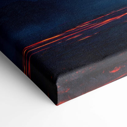 Dark blue canvas print with vibrant orange and red streaks volcanic lava landscape night mountain wall art