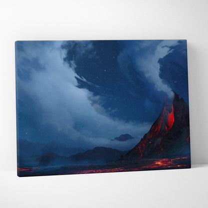 Rectangular canvas print of a dramatic volcanic lava landscape with glowing red lava and a swirling blue night sky