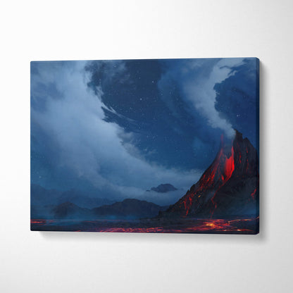 A canvas print of a dramatic volcanic lava landscape with blue and red night sky for fantasy nature decor
