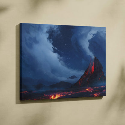 Rectangular canvas print of a volcanic lava landscape with glowing red flows and deep blue night skies wall art