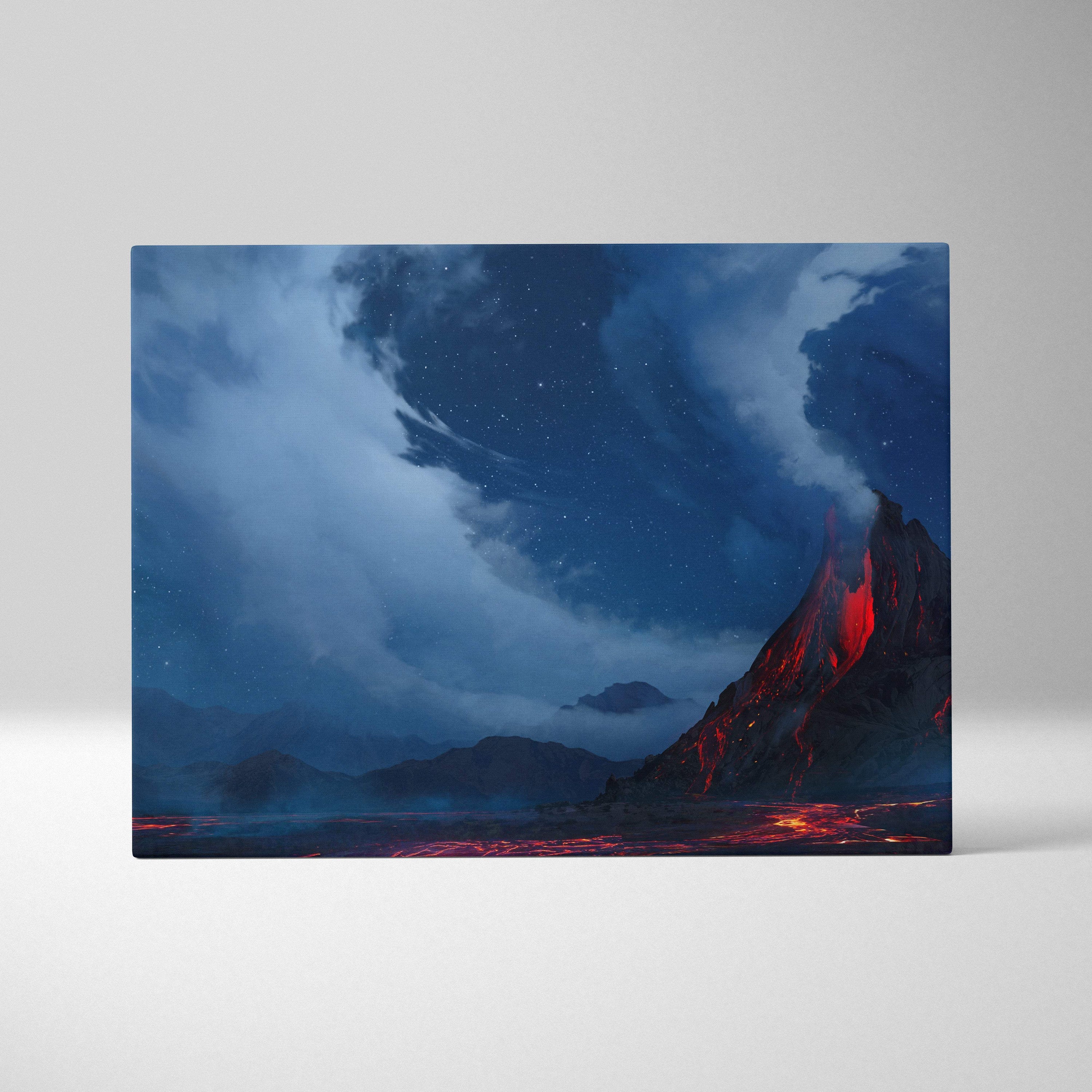 Rectangular canvas print of a glowing red volcano under deep blue night skies for dramatic fantasy wall art decor