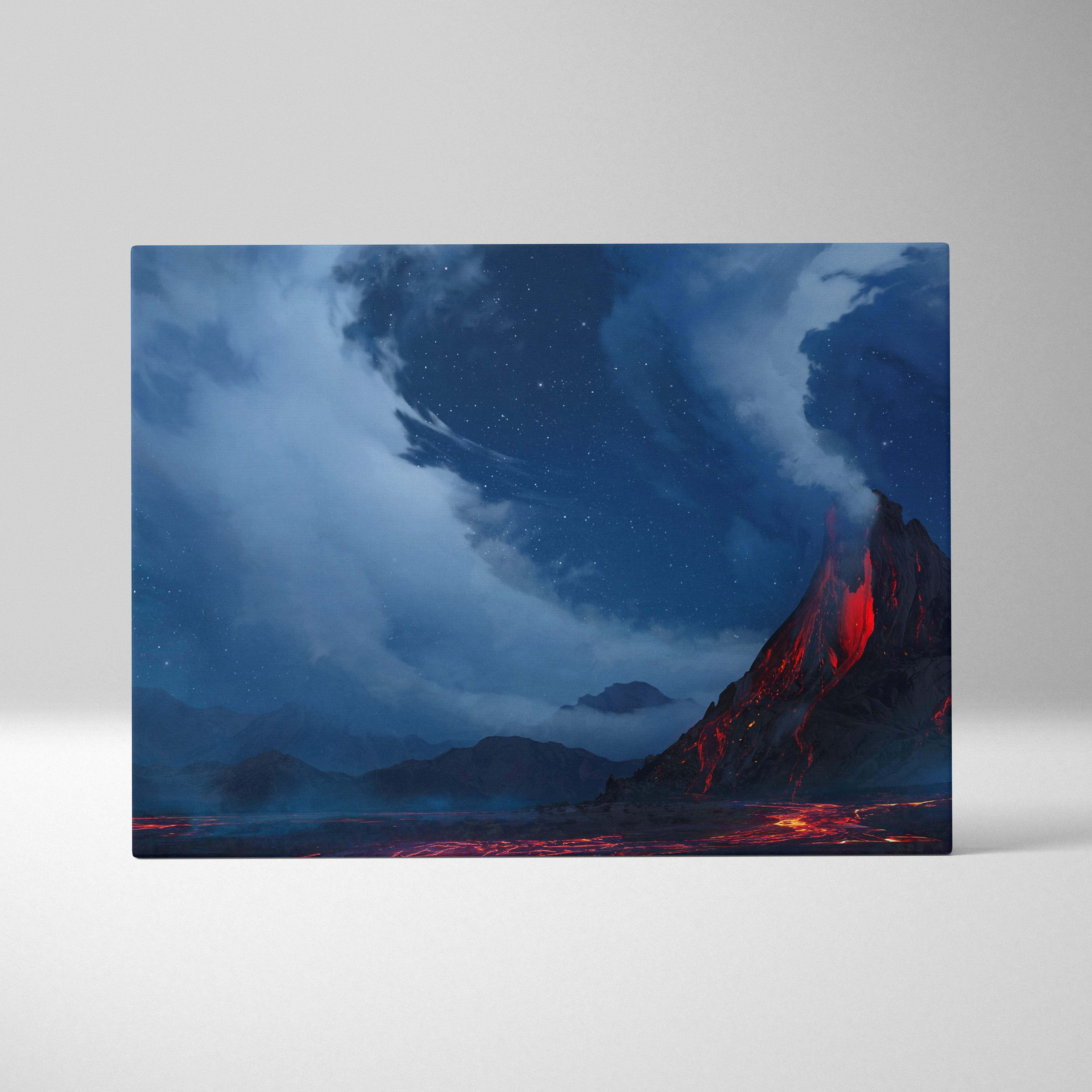 Rectangular canvas print of a glowing red volcano under deep blue night skies for dramatic fantasy wall art decor