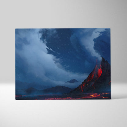 Rectangular canvas print of a glowing red volcano under deep blue night skies for dramatic fantasy wall art decor